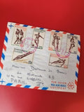 Ancienne lettre vintage avec timbres oblitérés sport, enveloppe avion collection