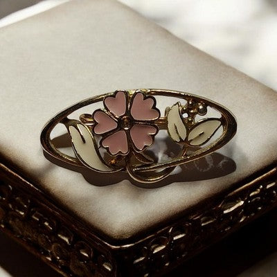 Broche vintage dorée motif fleur rose émaillée années 70 80 rétro