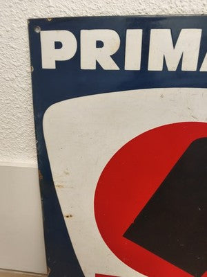 Ancienne grande plaque émaillée Primagaz, pub gaz décor bouteille