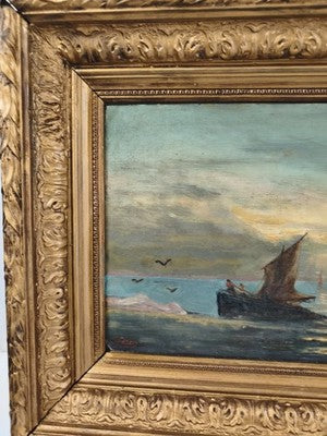 Ancien tableau marine huile sur toile 1889, cadre doré sculpté signé