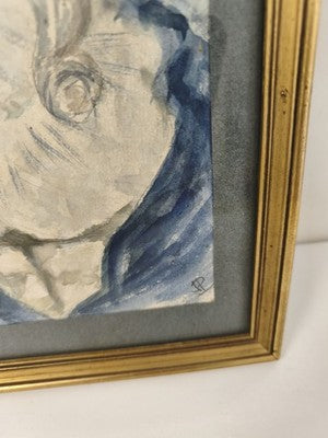 Ancien petit tableau aquarelle, portrait féminin, cadre doré monogrammé