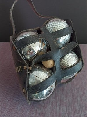 Lot 4 boules pétanque OBUT acier, cochonnet, sacoche cuir noir