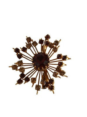 Broche vintage dorée années 60 strass rouges et ambre style étoile rétro