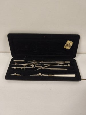 Ancien compas de précision avec étui noir, marque Ancienne, complet vintage