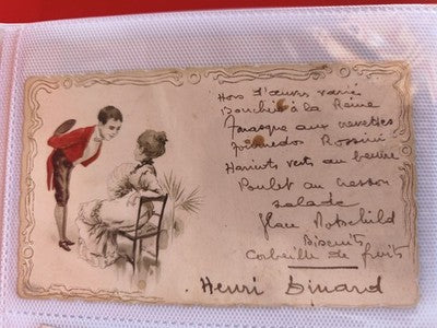 Ancienne carte publicitaire Henri Binard menu illustré vintage, écriture manuscr