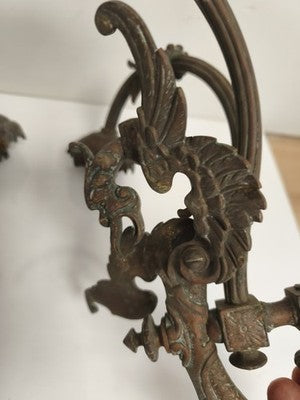 Paire d'appliques bougeoirs anciennes bronze décor dragon style XIXe