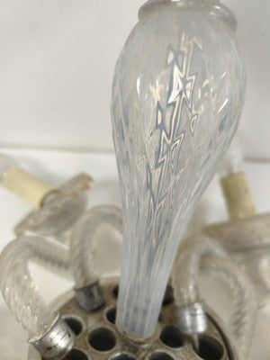 Lustre ancien Murano opaline transparent, 6 bras torsadés, à restaurer vintage