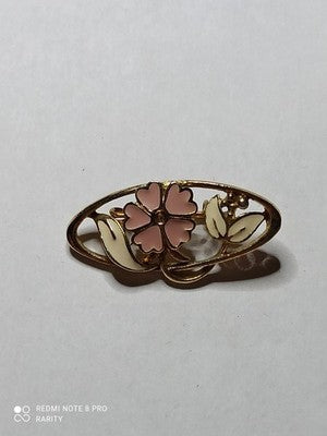 Broche vintage dorée motif fleur rose émaillée années 70 80 rétro