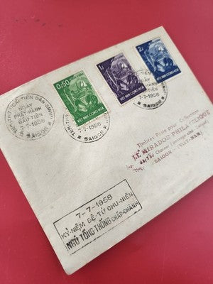 Vintage FDC Vietnam 1958 lettre affranchie 3 timbres anciens Saigon collection