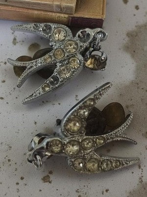 Boucles d’oreilles vintage oiseaux strass clip fantaisie argenté brillant