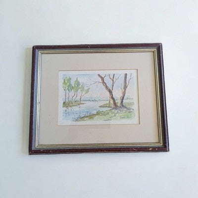 Aquarelle signée Pierre Gac paysage arbres lac reflet encadrée nature