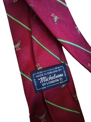 Cravate soie Michelsons London bordeaux motif faisans rayures élégante