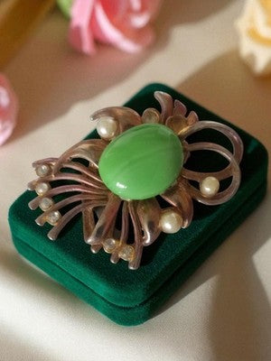Broche vintage métal doré cabochon vert perles rétro bijou fantaisie ancien