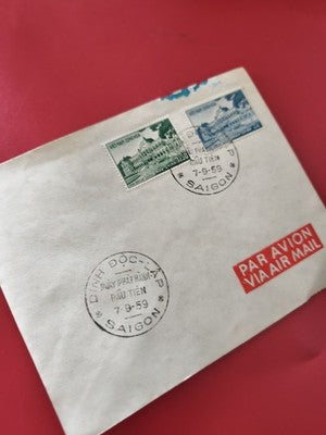 Ancienne enveloppe timbrée Vietnam Saigon 1959 oblitérée, collection philatélie