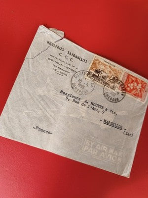 Ancienne lettre vintage Cameroun 1959 timbres oblitérés, cachet Douala, airmail