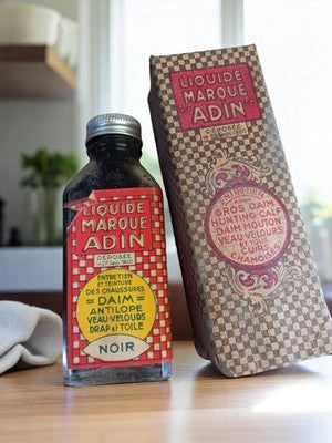 Bouteille ancienne LIQUIDE ADIN avec boîte damier vintage cuir daim