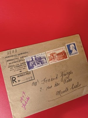 Ancienne lettre vintage Monaco avec timbres oblitérés, philatélie, 1947, recomma