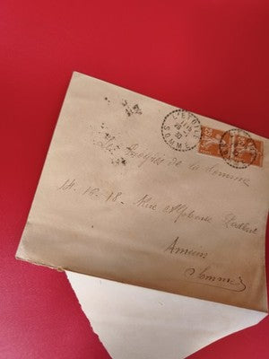Ancienne lettre vintage avec timbres oblitérés France 25c, collection philatélie