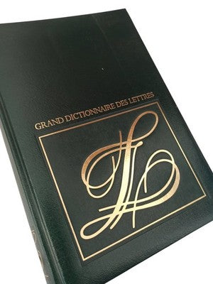 Grand dictionnaire des lettres vert doré ancien livre épais vintage rétro