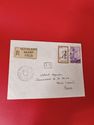 Ancienne lettre recommandée Maroc 1952, timbres oblitérés, philatélie vintage