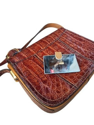 Sac à main vintage Emy Paris cuir marron effet croco bandoulière ancien femme