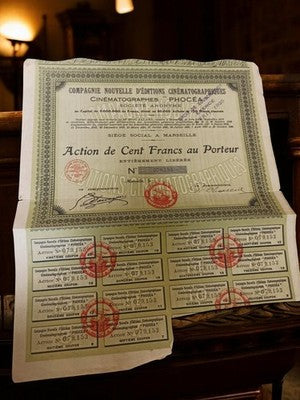 Action au porteur 100 Francs Cinématographes Phocéa Marseille vintage 1920s