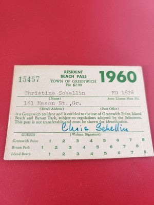 Vintage carte résident plage Greenwich 1960 USA, pass papier ancien collection