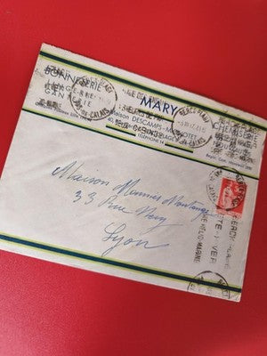 Ancienne lettre vintage avec timbre oblitéré France, enveloppe publicitaire coll