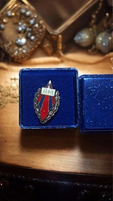 Insigne militaire vintage RM armée, émail rouge bleu, boîte d’origine