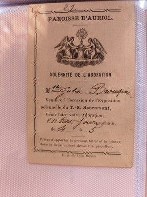 Carte ancienne Paroisse d'Auriol vintage – billet religieux adoration, décor ang