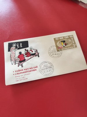 Ancienne enveloppe FDC Vietnam 1967 alphabétisation timbre illustré Saigon