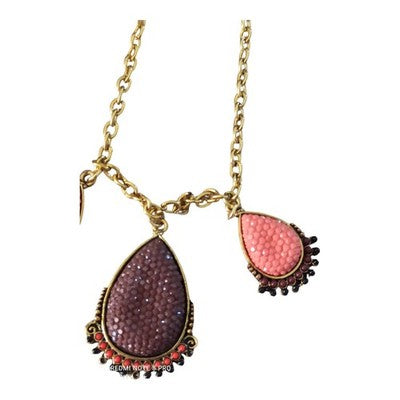Collier vintage rétro années 80, pendentifs goutte rose et prune, chaîne dorée