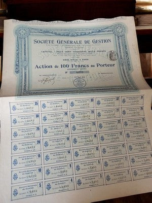 Action Société Générale de Gestion 100 Francs au porteur 1913 document ancien