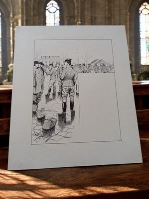 Lithographie militaire signée A. Grasset, scène vintage, soldats, noir et blanc