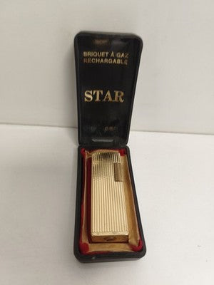 Briquet à gaz rechargeable Star doré vintage étui rigide ancien allume-cigare