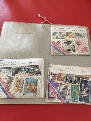 Lot anciens timbres monde, vrac collection, thématique Asie, pochette vintage