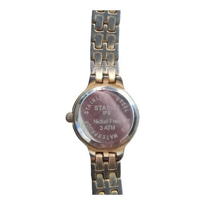 Montre vintage femme Stason, bracelet maillons bicolore, cadran doré rétro