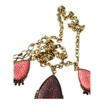 Collier vintage rétro années 80, pendentifs goutte rose et prune, chaîne dorée