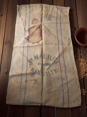 Sac ancien toile de jute JE. MAUREL Marseille vintage déco rétro usé