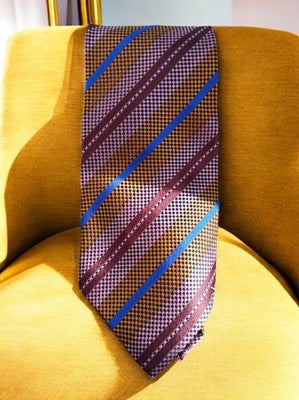 Vintage Andrea Sarando burgundy blue striped geometric patterned tie