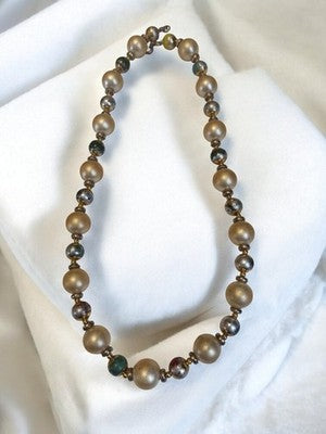 Collier vintage perles dorées et billes marbrées rétro ancien élégant