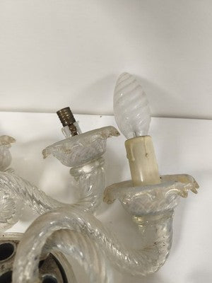 Lustre ancien Murano opaline transparent, 6 bras torsadés, à restaurer vintage