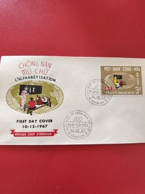 Ancienne enveloppe FDC Vietnam 1967 alphabétisation, timbre oblitéré Saigon