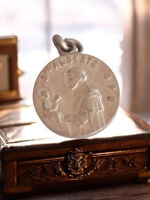 Pendentif religieux vintage St Albert O.P.M. métal, médaille catholique ronde