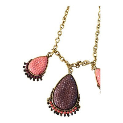 Collier vintage rétro années 80, pendentifs goutte rose et prune, chaîne dorée