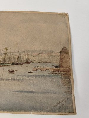 Dessin aquarellé ancien 1898 signé S. Pélissier, marine portuaire aux voiliers