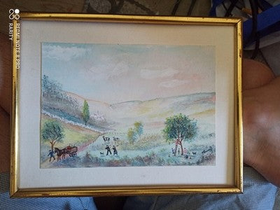 Peinture encadrée signée Laurens paysage campagne milieu XXe aquarelle