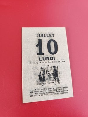 Ancien feuillet calendrier vintage 10 juillet lundi illustration humour noir et