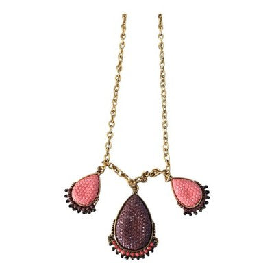 Collier vintage rétro années 80, pendentifs goutte rose et prune, chaîne dorée
