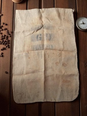 Ancien sac en toile de jute vintage, usure authentique, déco rétro, motif café